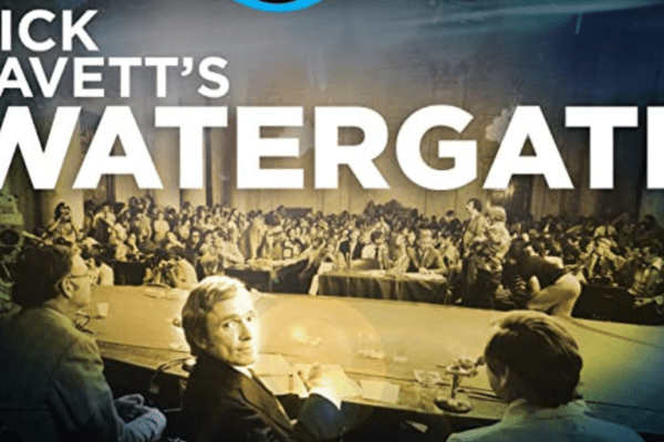 Color image from the Dick Cavett show with the words Dick Cavett's Watergate across the top left corner.