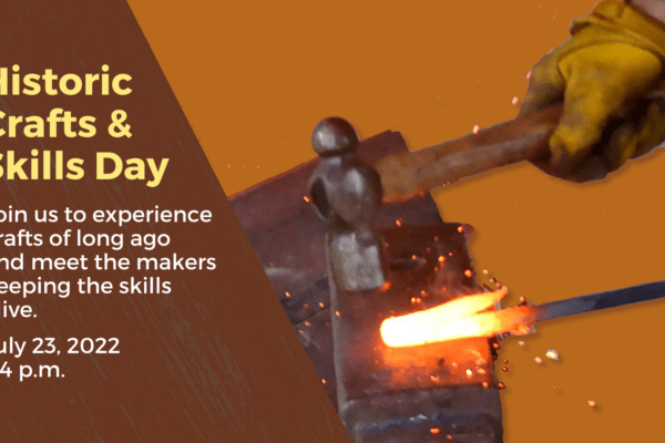 Color graphic of a blacksmith hammering iron on an anvil. The background is burnt orange. All you can see of the person is her hands.