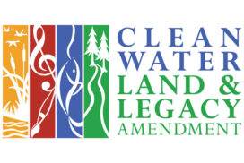 Logo for the Clean Water Land & Legacy Amendment with vertical panels showing wildlife, music notes, a fish, trees, and text reading "Clean Water Land & Legacy Amendment" in blue and green.