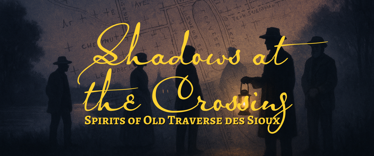 A group of shadowy figures, some holding lanterns, stand in front of a faded map. The text reads, "Shadows at the Crossing: Spirits of Old Traverse des Sioux.