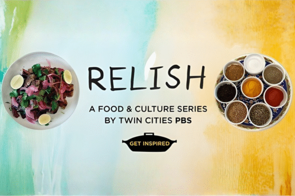 A plate of food with greens and eggs on the left, a spice tray on the right, and text in the center that reads “Relish: A Food & Culture Series by Twin Cities PBS. Get Inspired” on a colorful background.
