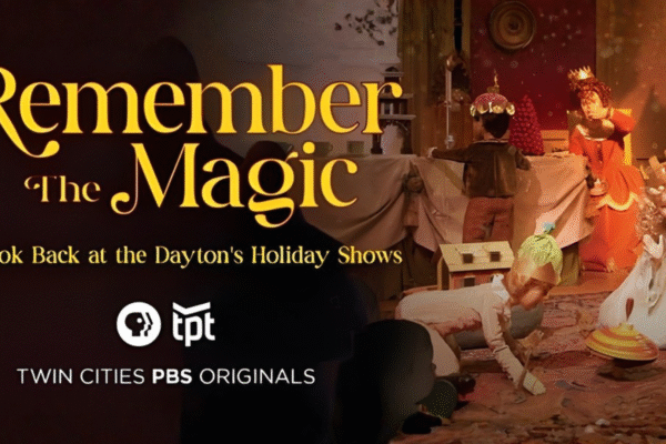 A promotional image for "Remember the Magic: A Look Back at the Dayton’s Holiday Shows" from Twin Cities PBS Originals, featuring costumed figures in a festive display and the PBS and TPT logos.