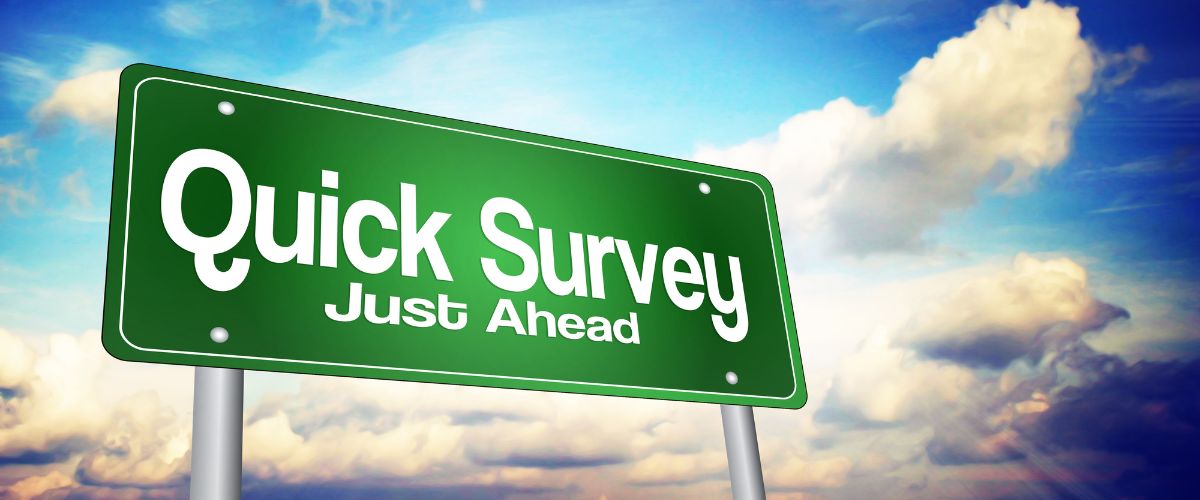 A green roadside sign with the words "Quick Survey Just Ahead" in white letters is set against a blue sky with clouds.