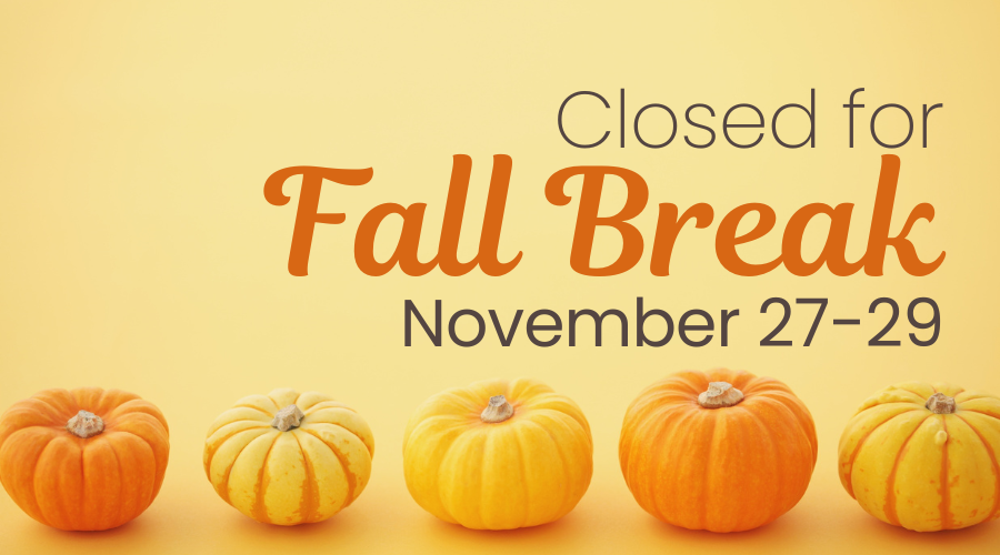 Image with small pumpkins lined up at the bottom against a yellow background. Text reads: “Closed for Fall Break November 27–29.”.