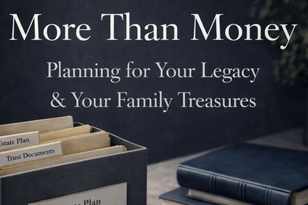 A box labeled with file folders such as "Estate Plan" and "Trust Documents" sits next to a closed book. Text on the image reads: "More Than Money: Planning for Your Legacy & Your Family Treasures.