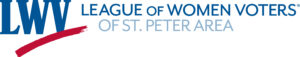 Logo for the League of Women Voters of St. Peter Area. The letters "LWV" are in blue with a red underline, followed by the organization name in blue and gray text, honoring "We the people then now.