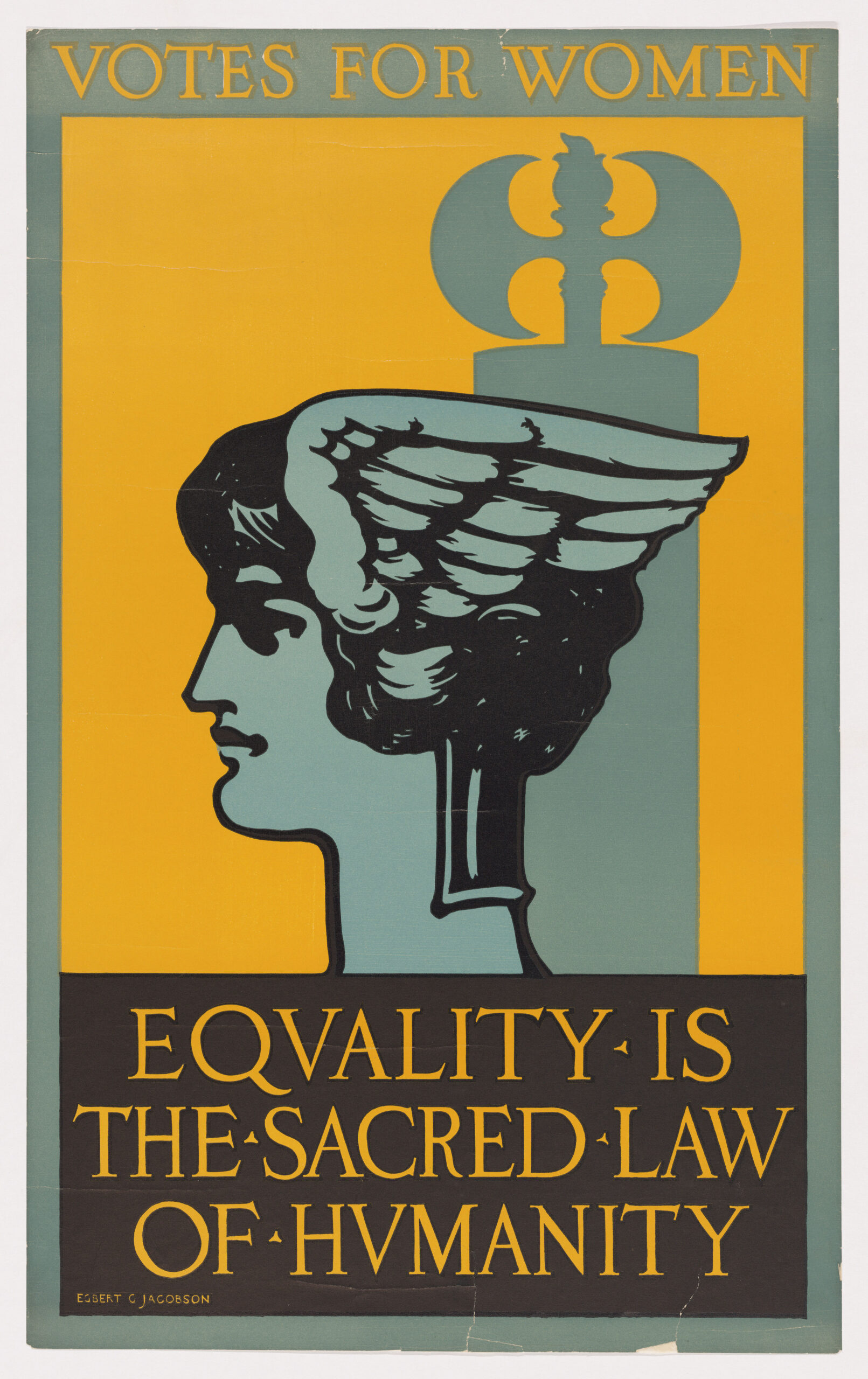 A vintage poster featured on the Cox House self-guided tour with "VOTES FOR WOMEN" at the top, showing a profile of a winged helmeted head and axe, and "EQUALITY IS THE SACRED LAW OF HUMANITY" at the bottom.