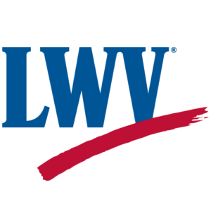 The image shows the blue letters "LWV" with a red, brushstroke-style underline below them. The background is light gray.