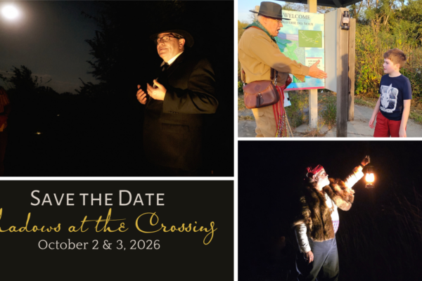 A collage with a man under a full moon, a man in period costume talking to a boy by a map, and a woman in fur holding a lantern at night. Text reads: Save the Date, Shadows at the Crossing, Oct 2 & 3, 2026.