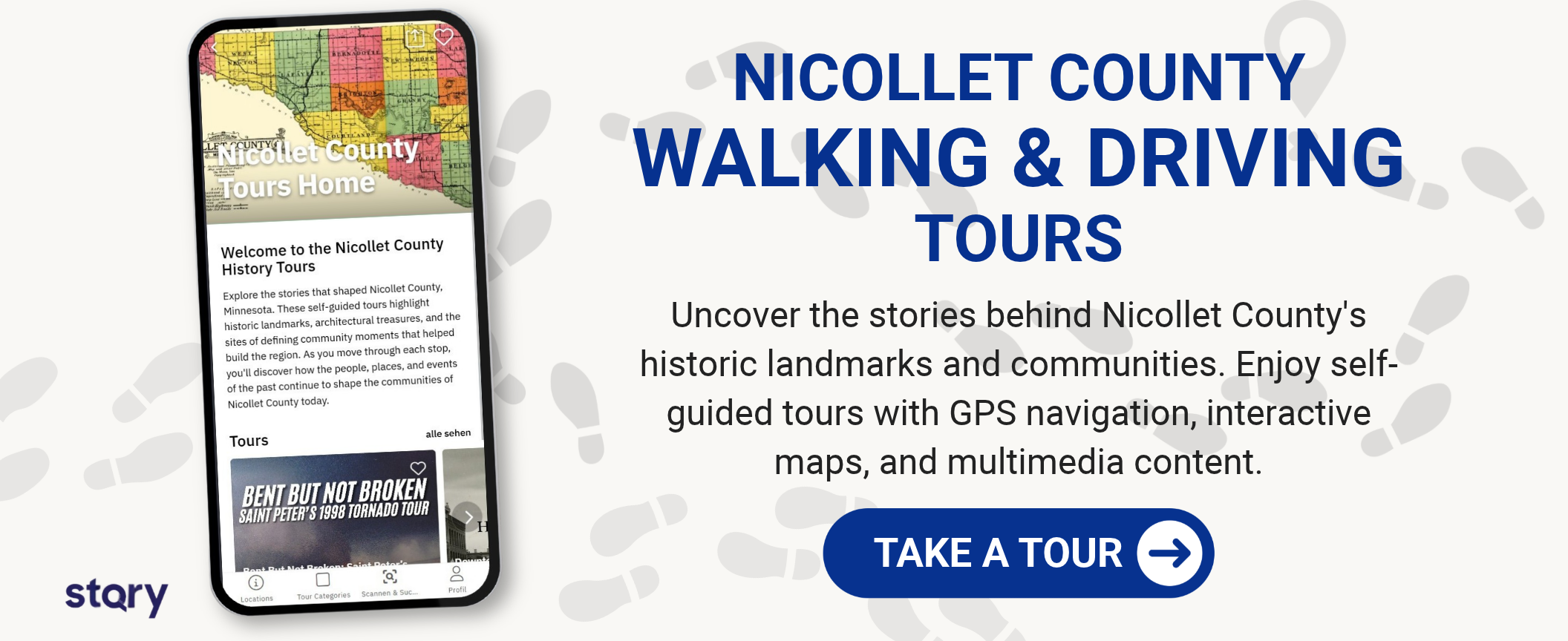 A mobile phone screen displaying the Nicollet County History Tours app next to text titled Nicollet County Walking & Driving Tours, with a Take a Tour button.